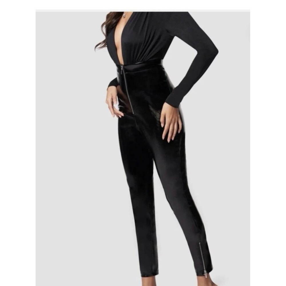NWT Bebe Black Long Sleeve Deep V-Neck Faux Leather Jumpsuit Size S Whimsigoth